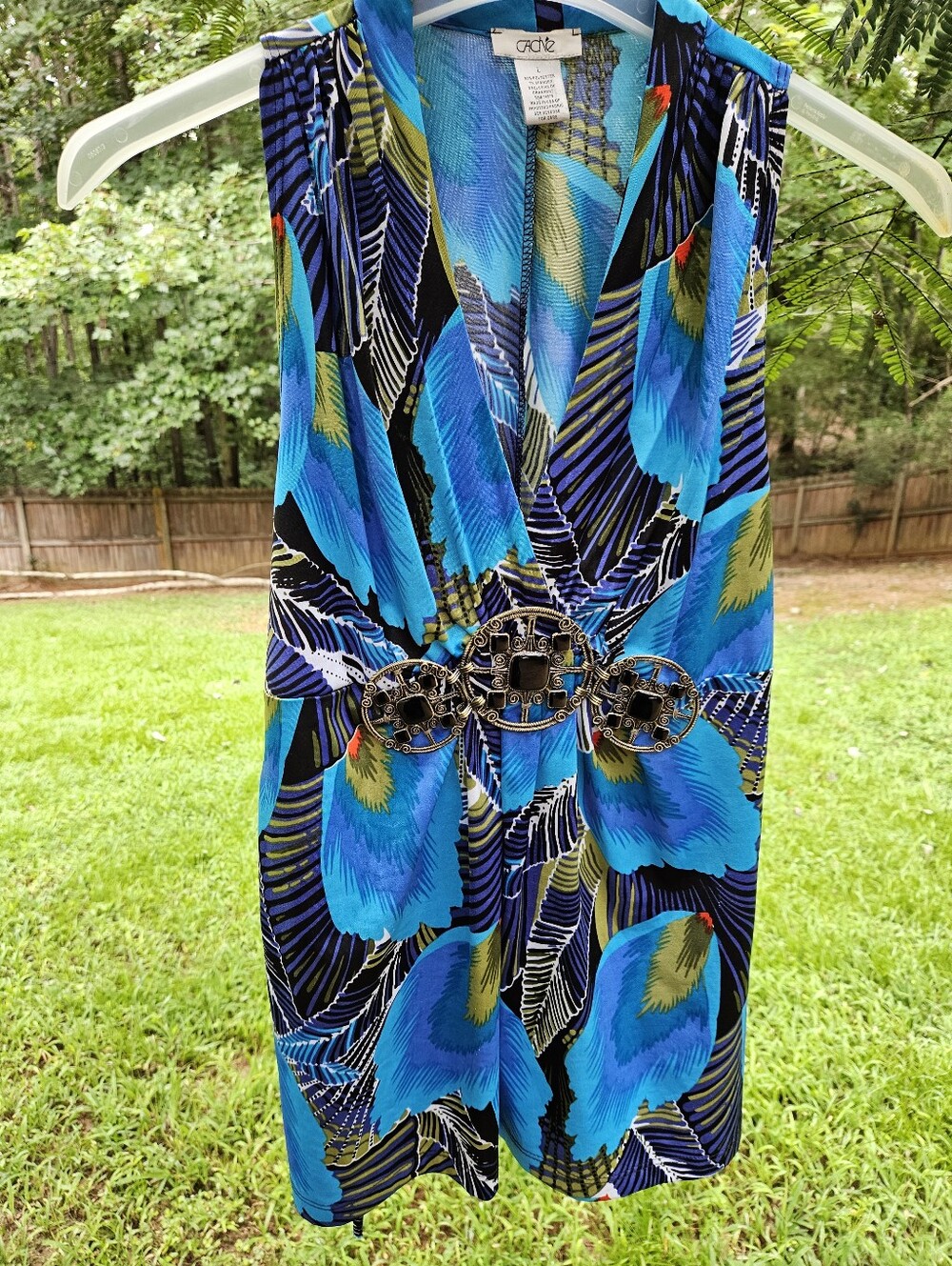 Vintage Cache Teal Blue Floral V-Neck Sleeveless Tunic Blouse Decorative Buckle